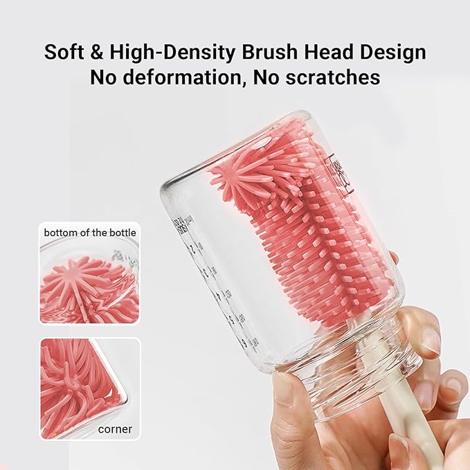 Aynmer Baby Bottle Brush, 10 in 1 Travel Baby Bottle Cleaner Brush Set with Silicone Brush, Nipple Brush, Straw Brush, Soap Dispenser, Portable Drying Rack, Breast Pump & Bottle Cleaning Kit - Pink