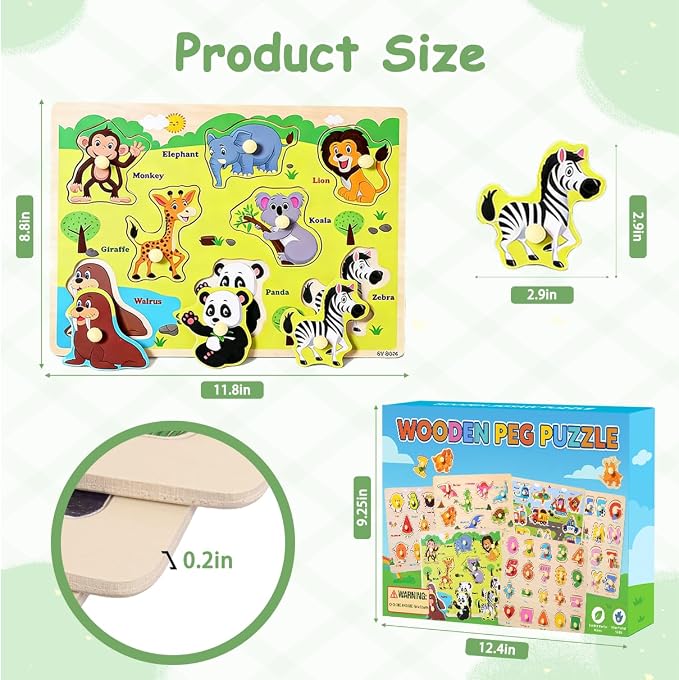 Montessori Wooden Peg Puzzles for Toddlers 2–4, 6 Pack Preschool Learning Toys – Alphabet, Numbers & Math, Animals, Dinosaurs, Fruits & Vehicles – Fine Motor Skills & Early Learning Set