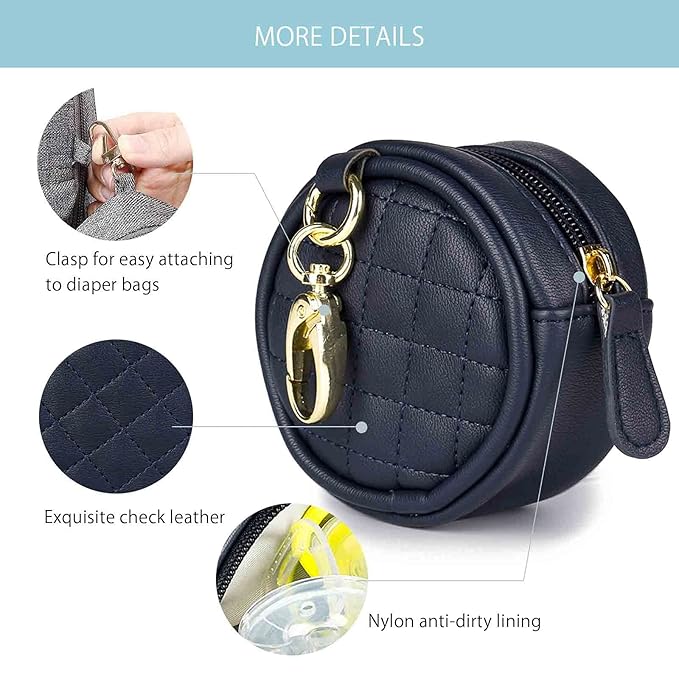 SONARIN Leather Dummy Case with Clasp,Portable Soother Pod Pacifier Case Pacifier Holder Soother Storage Box for Holding 2 Pacifiers or Nipple Shields,Attach to Diaper Bags(Dark Blue)