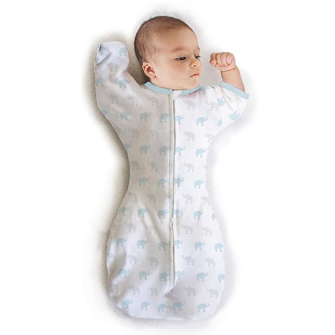 Amazing Baby Transitional Swaddle Sack, Arms Up Half-Length Sleeves & Mitten Cuffs, Swaddle for Newborn Transition to Baby Sleep Sack Wearable Blanket, Med, 3-6 month, 14-21 lb, Blue Tiny Elephants