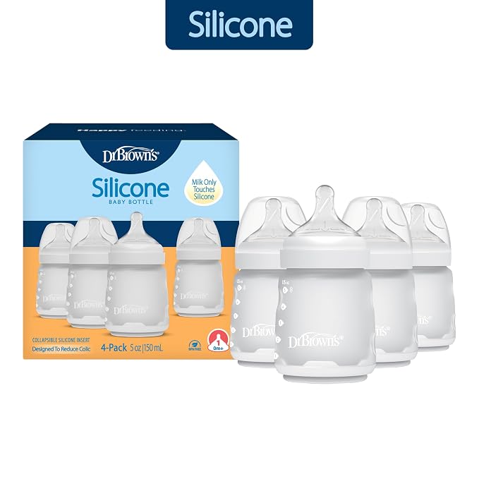 Dr. Brown's Silicone Baby Bottle with Collapsible Insert Designed to Reduce Colic, 5 oz with Wide-Neck Level 1 Slow Flow Nipple, BPA-Free, 0m+, White, 4-Pack