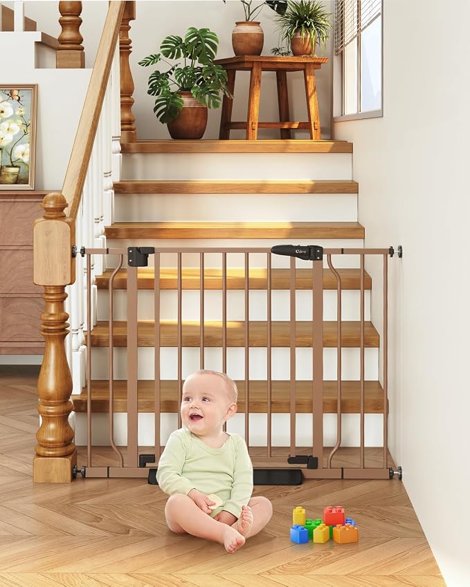 29"-40" Baby Gate for Stairs, Auto Close Stroller Friendly Dog Gate Indoor for Doorways, Pressure Mounted Baby Gate, Easy Walk Through Gate for Children & Pets, Brown