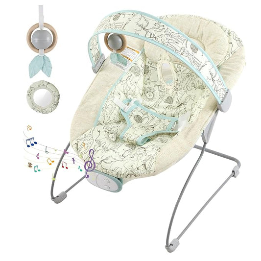 Portable Baby Bouncer Seat with 8 Melodies, 3 Vibration Levels & Adjustable Volume, Foldable Infant Bouncer Rocker with Safety Harness for Baby 0-6 Months, Indoor & Outdoor Use BR2404