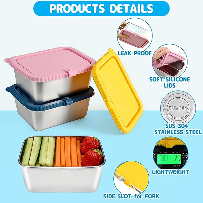3 Pack Large Stainless Steel Snack Containers, 20oz Reusable Stainless Steel Food Containers with Silicone Lids for Meal Prep, Leakproof Metal Bento Lunch Box for Daycare, Travel, Office, Camping