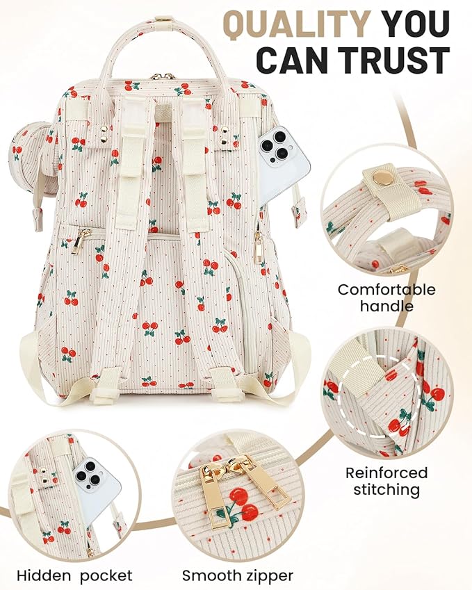Corduroy Diaper Bag Backpack, Large Capacity Multifunction Baby Diaper Bags for Women, Insulated Bottle Pockets & Pacifier Case, Stylish Travel Nappy Changing Bags for Mom Dad (Cherry)
