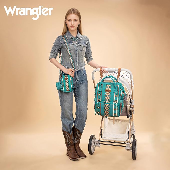 Montana West Wrangler Callie Diaper Bag Backpack with Pacifier Case, Crossbody Bottle Bag and Stroller Straps Western Pattern Multifunction Baby Travel Bag Set WG2215-9110TQ