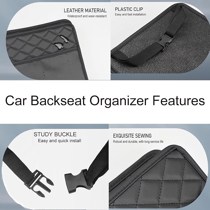 LXUNYI Car Seat Organizer,2 Pack Waterproof Pu Leather Backseat Car Organizer and Storage Bag Foldable Universal Hanging Car Seat Back Organizers for Kids & Adults Car Travel Accessories（Black）