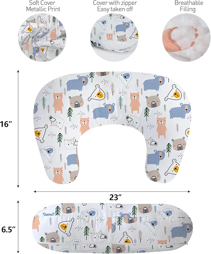 Little Grape Land Nursing Pillow,Upgraded Breast Feeding Pillow for Mom,Breastfeeding & Bottle Feeding for 0??8 Months, Soft Machine Washable Cover with Firm Breathable Filling for Tummy Time, Bear