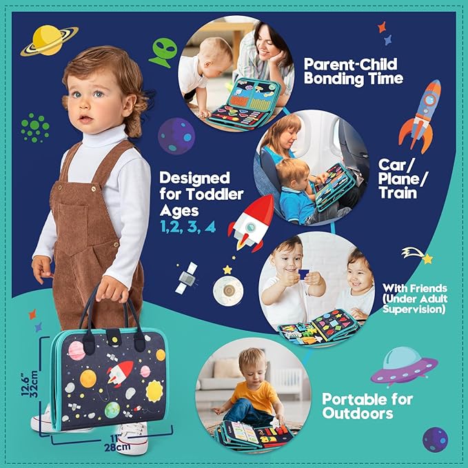 Toddler Sensory Busy Board: Travel Toy Activity Book for Girls Boys, Motor Skill Development Gift for Baby Aged 3-4 Years, Fine Educational Preschool Montessori Learning Toy for Car Airplane Space