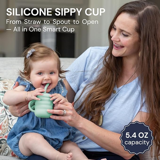 Vaanshie Silicone Baby Sippy Cups | Straw Cup Baby | Toddler Cup with Straw | 3 Stages Training Cup for Infants Toddlers and Kid, 5.4 oz (Green)