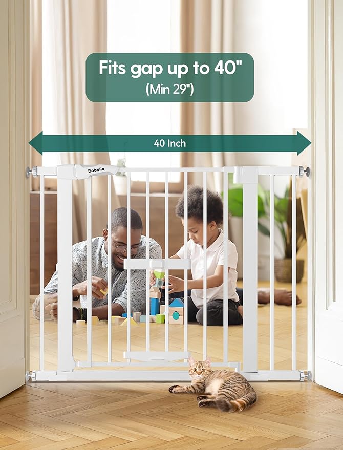 BABELIO New Version Baby Gate with Cat Door Adjustable,29-40" Metal Pet Door for Stairs & Doorways,Pressure Mounted,No Tools Needed,White