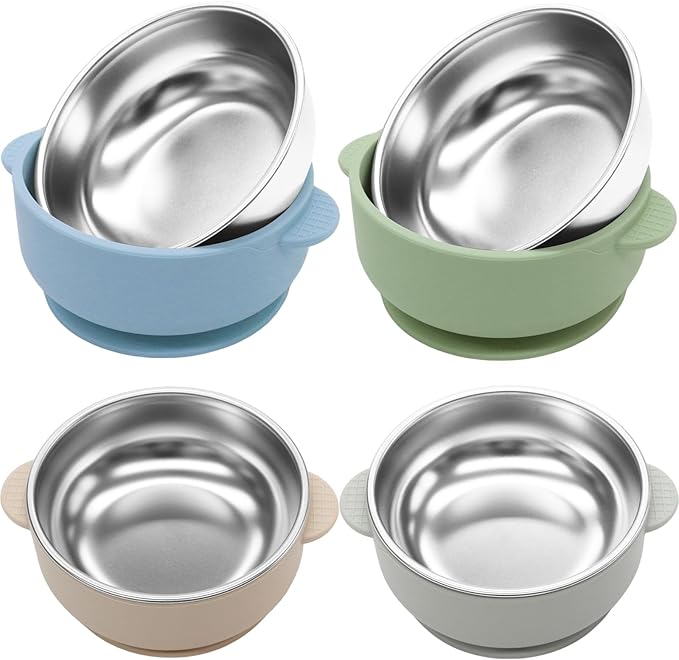 4 Pack Stainless Steel Baby Bowls with Suction, 2-in-1 SUS304 Toddlers Bowl & Removable Silicone Suction Kids Bowl Anti Scald Non Toxic Snack Container for Baby Food Feeding