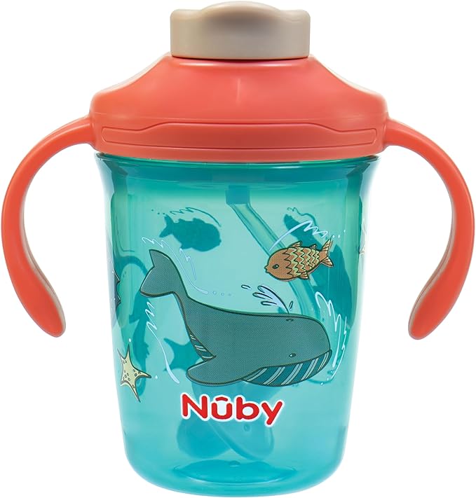 Nuby 2-in-1 Toddler Cup with 360° Weighted Straw & Hard Spout - (2 Pack) 8 oz - Leak-Resistant & Easy Grip Handles - Dishwasher Safe - Jungle/Ocean