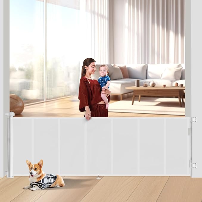 Miumoon 120 inch Retractable Baby Gates 34 inch Tall, Retractable Gate with Reinforced Strip Design to Prevent Crawling Through, 10 FT Extra Wide Retractable Dog Gate for Indoor/Outdoor