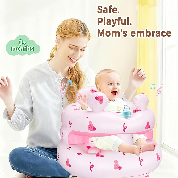 Inflatable Baby Seat for Babies 3-36 Monthsï¼?Squeaky Sound & Anti-Fall Design] Inflatable Chair with Sound-Making Ears, Baby Seat for Sitting-Up Practice, Built-in Air Pump (Pink Bunny)