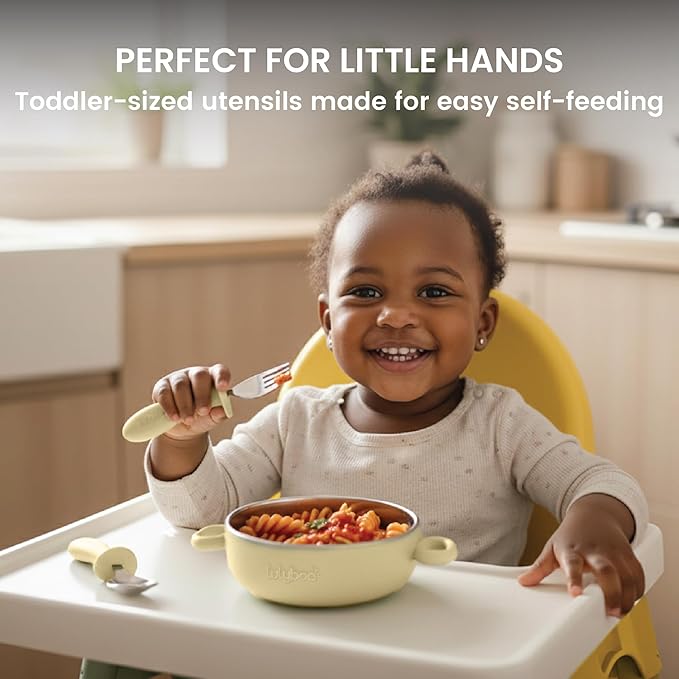 Lulyboo Stainless Steel & Silicone Toddler Feeding Bowl Set - Double-Layer Insulated, Non-Slip Base, Removable Insert, Easy-Grip Fork & Spoon for Easy Self-Feeding, Essential for Babies 6 Months+