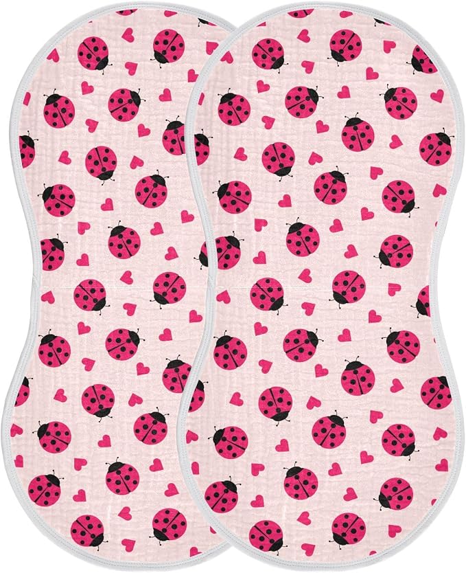 Ladybug Hearts Muslin Burp Cloths for Baby Boys and Girls - 2-Pack Ultra Absorbent Muslin Washcloths, Newborn Towel, Milk Spit Up Rags, Burp Cloth Bibs, 22 x 11 Inch