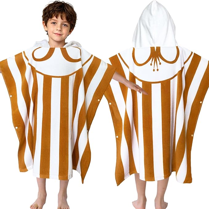 VOOVA & MOVAS Hooded Poncho Towel for Kids (4-8 Years,30"X30") | Soft Absorbent Cotton Towel Robe for Boys & Girls | Versatile Beach, Pool, Swim & Bath Cover-Up | Brown Stripe
