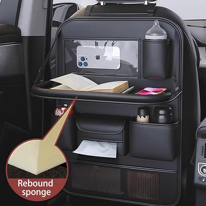 Car Backseat Tray Table with Organizer, Foldable Car Seat Back Organizer with Desk, Nappa Leather, Holds 27 lbs, Laptop Table for Kids Eating, Travel & Office, Waterproof Kick Mats