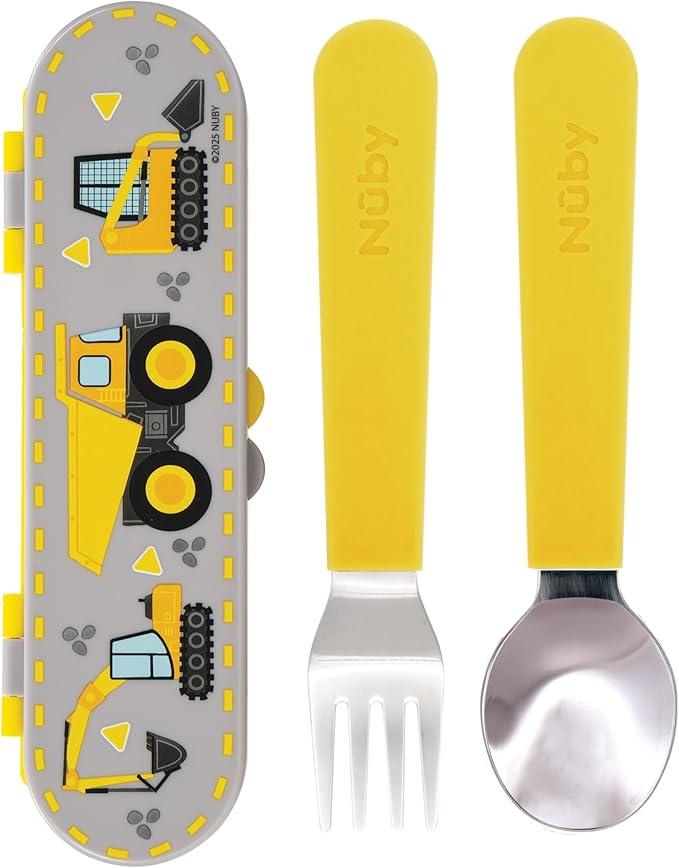 Nuby Stainless Steel Toddler Utensils with Travel Case - Self-Feeding Fork & Spoon Set for Kids - Easy-to-Hold Training Utensils - Rounded Safe Edges for Self-Feeding - Construction Zone