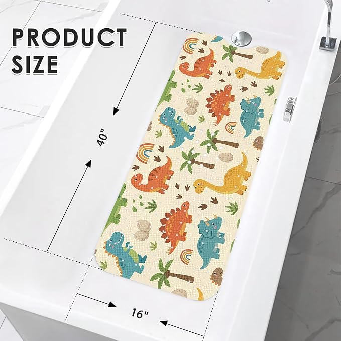 Dinosaur Cute Boho Bathtub Shower Mat Cartoon Rainbow Non-Slip Tub Extra Long Bath Floor 40X16 Inch Machine Washable for Bathroom Tub Bath Mat for Toddler and Baby