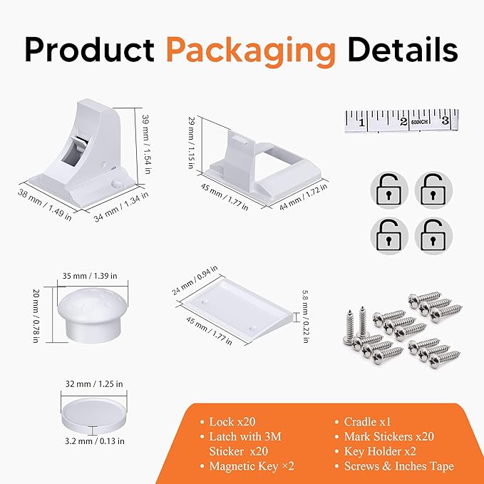 Magnetic Cabinet Locks Baby Proofing (20 Locks + 2 Keys) ??Child Proof Cabinet Locks with Easy Adhesive Installation ??Child Safety Locks for Kitchen, Cabinets & Drawers with Optional Screws