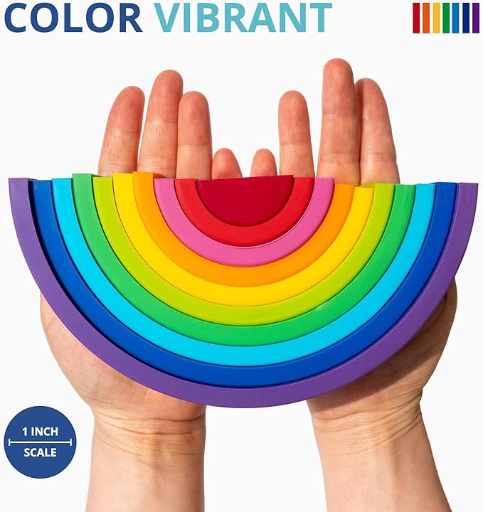BLUE GINKGO Silicone Rainbow Stacker - Montessori Nesting Puzzle | Kids and Toddler | Stacking Sensory Toys - 10 Layers (Vibrant)