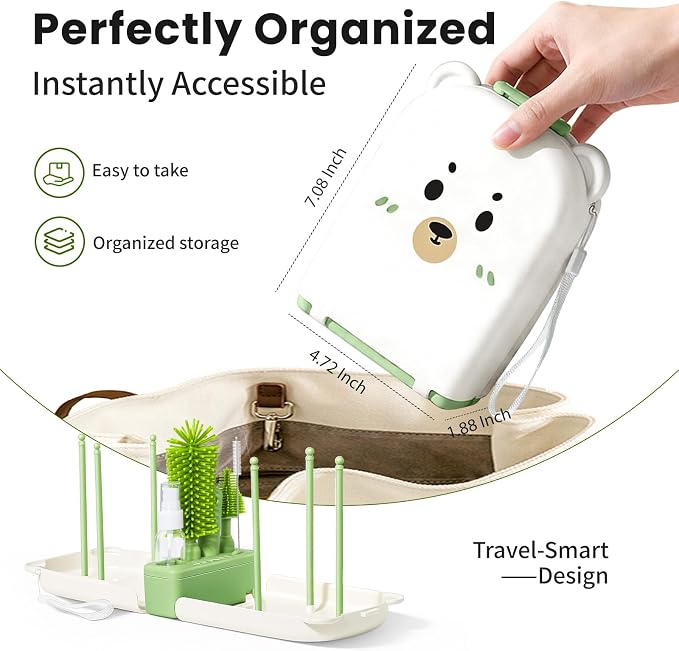 LEQXGO Travel Baby Bottle Cleaner Kit with Storage Case, 7-in-1 Baby Bottle Brush Set with Drying Rack for Breast Pump Parts, Bottle Washing Kit - Baby Travel Essential for Flying & On-the-Go (Green)