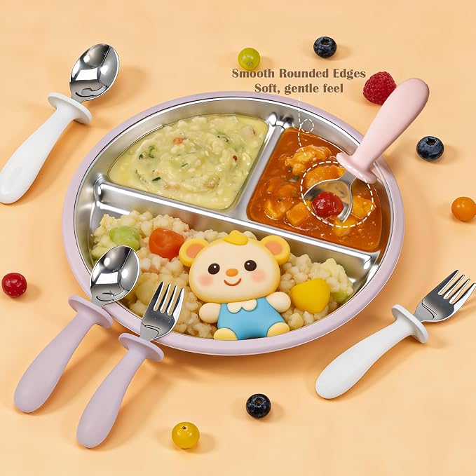 Personalized Toddler Utensils Set with Silicone Handle, Custom Name Stainless Steel Kids Silverware for Baby Led Weaning,Ideal for Showers & Birthdays (Gray Beige Blue)