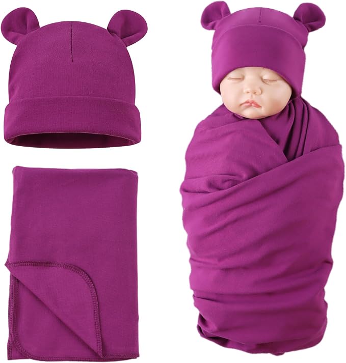 PESAAT Cotton Baby Swaddle Hat Set Newborn Infant Hats Receiving Blankets for Baby Boys Girls