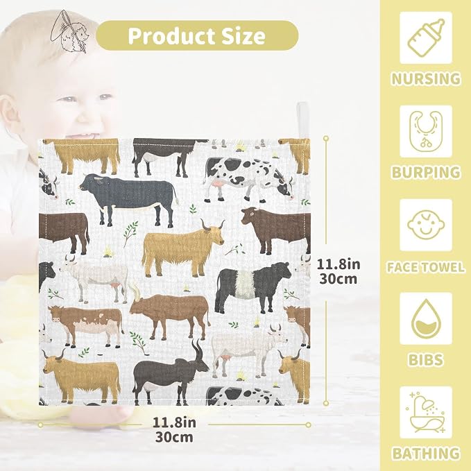 Baby Washcloths Cotton Bulls Cows Cattle Baby Muslin Washcloths Soft Baby Face Towel for Newborn Infants Baby Wipes, 11.8 X 11.8 Inch, 5 Pack White