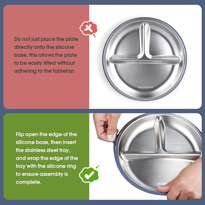 Greentainer 3 Pack Stainless Steel Baby Suction Plates, Divided Toddler Plates with Removable Silicone Sleeves, Unbreakable Kids Dishes for Dinner & Snack, Non-Toxic, Dishwasher Safe