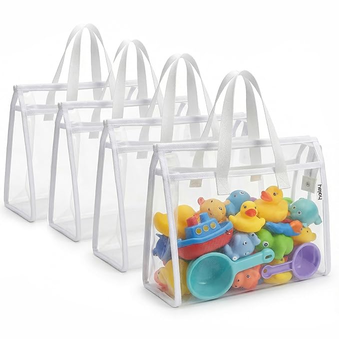 HOLAY 4 Pack Clear Toy Storage Bags with Handle ??Playroom Organizer Bins for Kids Toys, Board Games, Busy Bags, and Homeschool Supplies, Transparent PVC Front & Reinforced Base(White, X-Large)