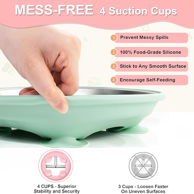 Bella?™s Friends Stainless Steel Baby Plates with Suction 3 Pack, 8??Divided Toddler Plates with Removable Silicone Sleeves for Mess-Free Feeding, Non-Toxic, Non-Slip, Dishwasher Safe, beige,gray,green