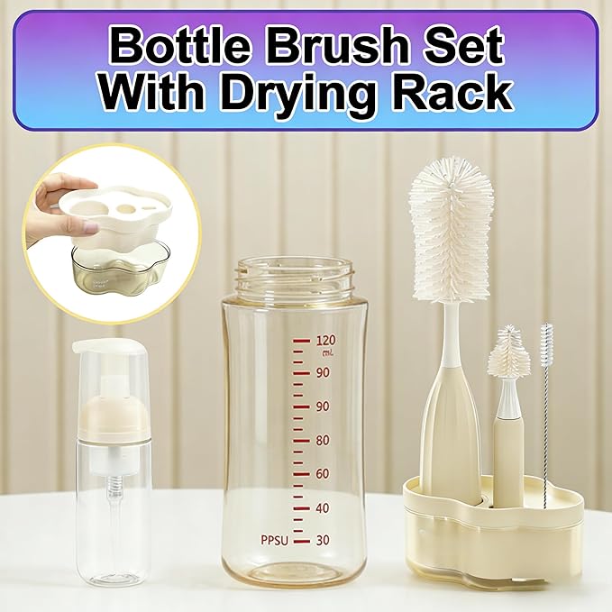 All-in-One Press-to-Foam Silicone Baby Bottle Cleaning Kit with Bottle Brush, Nipple/Straw Brushes, Tabletop Dring Rack, BPA Free for Baby Bottles, Breast Pumps,Small Appliances,Travel-Friendly