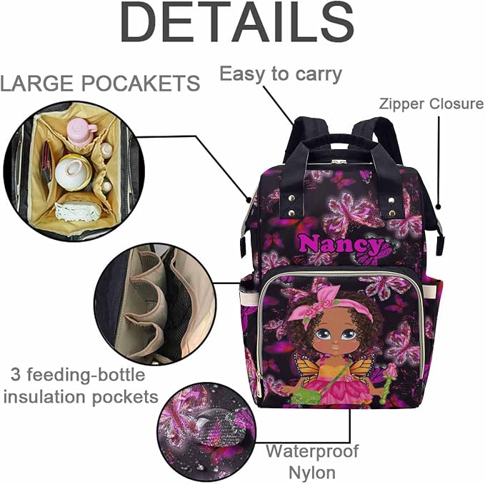 M YESCUSTOM Customized Butterfly Travel Nursing Nappy Bag with Name Personalized Diaper Bag with Name Custom Newborn Gift for Women (Black)
