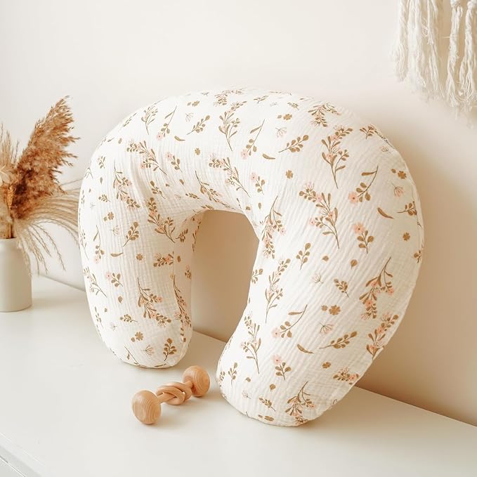 Muslin Nursing Pillow and Positioner, Breastfeeding, Bottle Feeding, Baby Sitting Support with Removable Ultra Soft Minky Cover, Tummy Time Support for Baby Boys and Girls