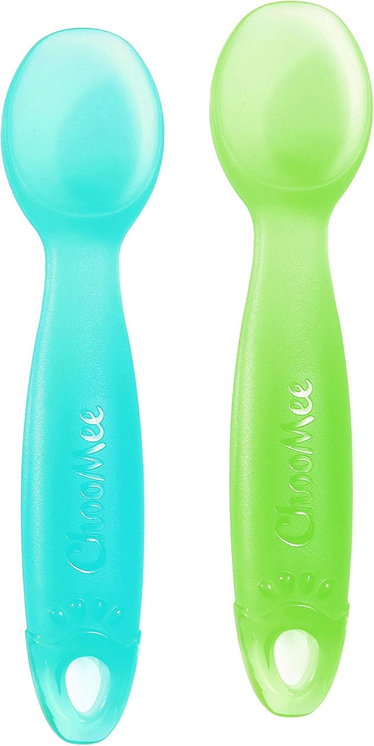 ChooMee Silicone Baby Spoons | 4 Months +, First Stage Baby Led Weaning and Self Feeding | Soft Spoon with Firm Handle | Designed in USA, BPA Free, Premium grade Platinum Silicone | 2 CT