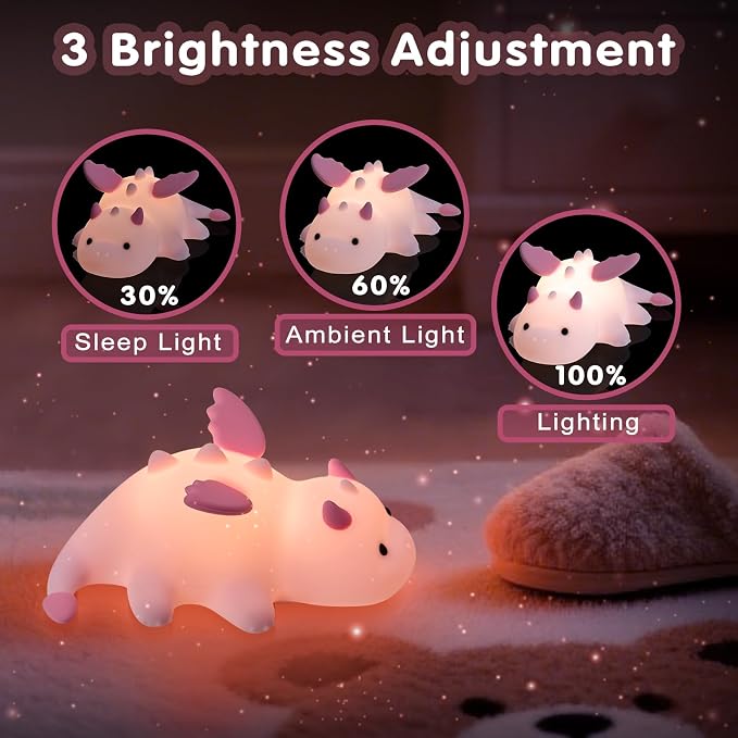 Cute Baby Dragon Kids Night Light for Kids,Cute Soft Silicone Lamp 3 Level Dimmable Changing Rechargeable Breastfeeding Nursery Portable Kawaii Lamps,Bedside Lamp for Baby and Toddler,Boy Girls（Pink）
