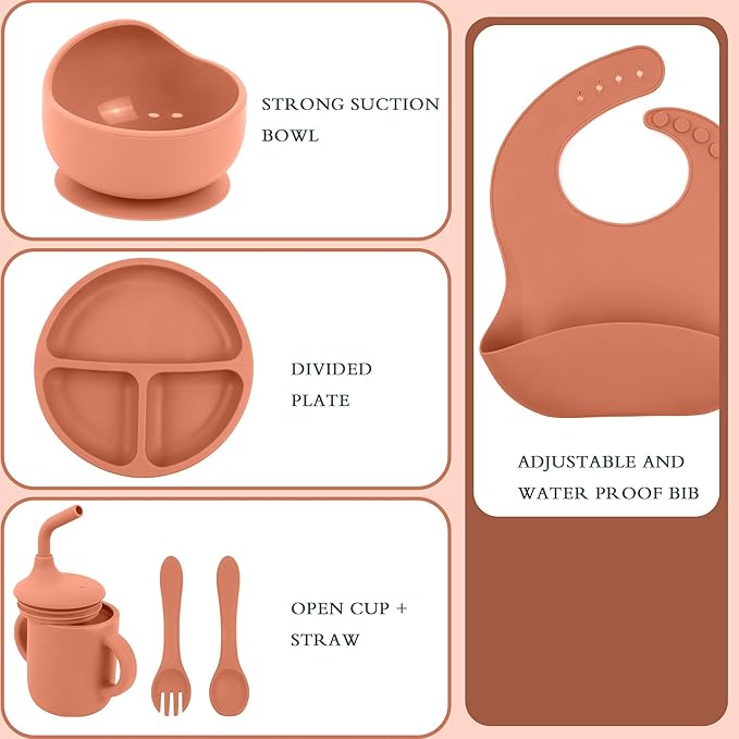6-Piece Baby Feeding Set, Silicone Baby Mealtime Kit for Food-Grade Strong Suction Baby Plate+Baby Cup+ Bib+Fork+Spoon+Bowl, Toddler Eating Essentials Washable Parenting Gift Idea (Brick red)