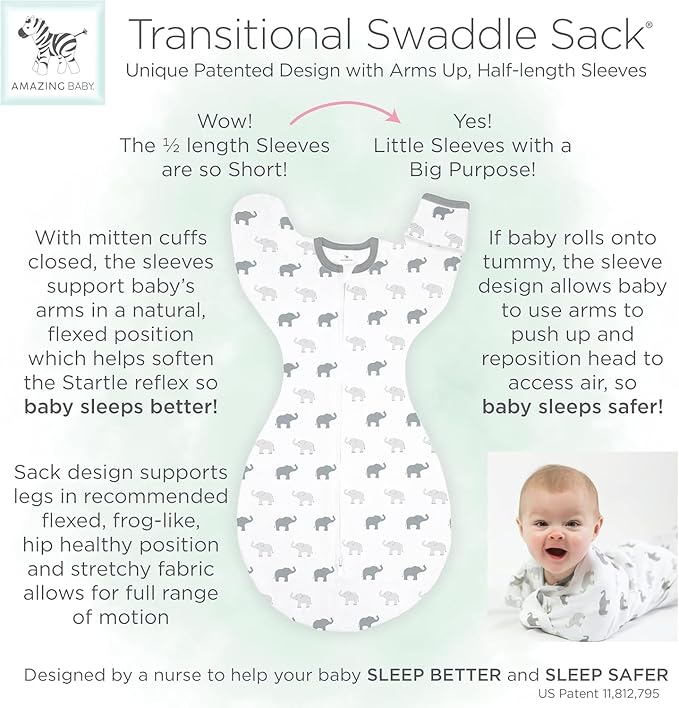 Amazing Baby Transitional Swaddle Sack, Arms Up Half-Length Sleeves & Mitten Cuffs, Swaddle for Newborn Transition to Baby Sleep Sack Wearable Blanket, Small, 0-3 Month, 6-14 lb, On Safari
