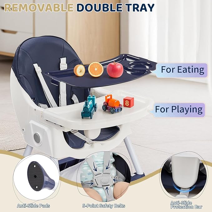 Ktaxon Foldable Baby High Chair, 2-in-1 Portable Convertible Highchair with 5-Point Safety Harness, Easy to Clean Tray and Storage Bag for Toddlers & Babies, Navy Blue