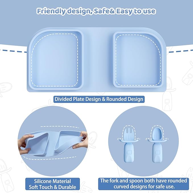 Blue Silicone Foldable Feeding Set, Travel Baby Feeding Supplies Including Toddler Plates, Silicone Baby Spoon&Fork, Adjustable Foldable Bib, Portable Infant Toddler Utensils