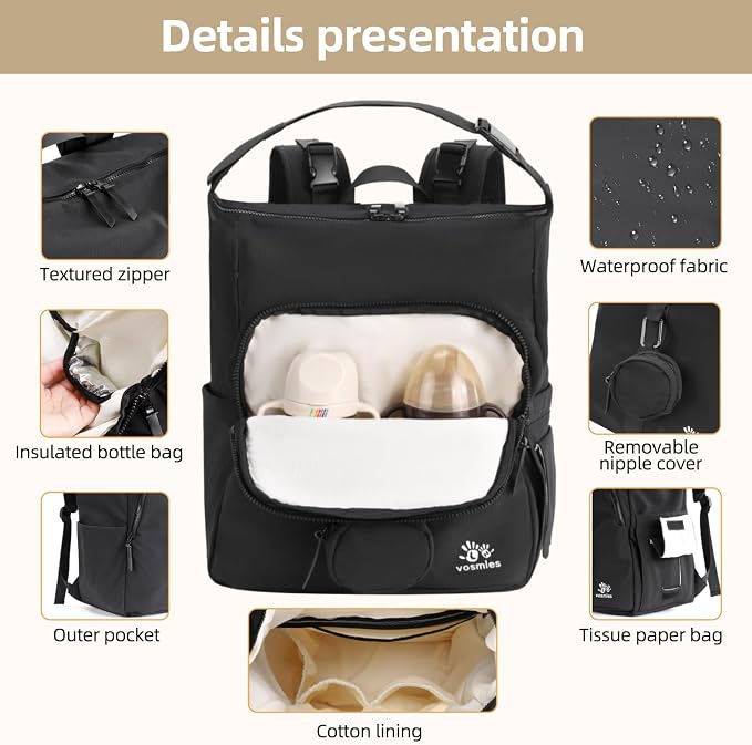 Diaper Bag Backpack with Changing Pad, Wet Dry Bag, Pacifier Case and Stroller Straps, Soft Cotton Lining, Baby Travel Bag for Moms and Dads（Black）