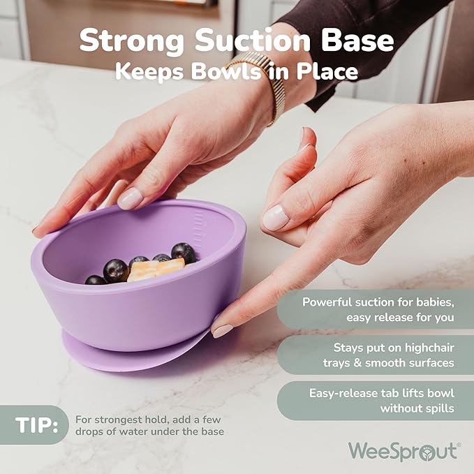 WeeSprout First Feeding Set - Silicone Baby Training Cup 2 Oz, Suction Bowl 10 Oz with Lid & 2 Baby Led Weaning Spoons - For Children 6+ Months - Non-Slip Grip - Dishwasher & Microwave Safe