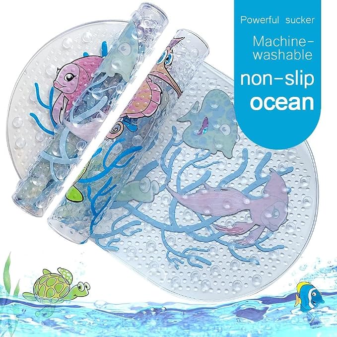 PTAPIPI Sea Animal Kids Bath Mat - 27x15 Inch Oval PVC Mat with Suction Cups, Machine Washable, Colorful Design for Children (Underwater World)