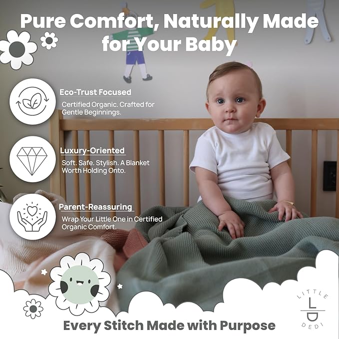 100% Organic Cotton GOTS Certified Baby Knitted Blanket with Gift Box - Soft Toddler, Crib, Stroller Blanket - Neutral Swaddle and Receiving Blanket for Newborns, 30"x40", Green