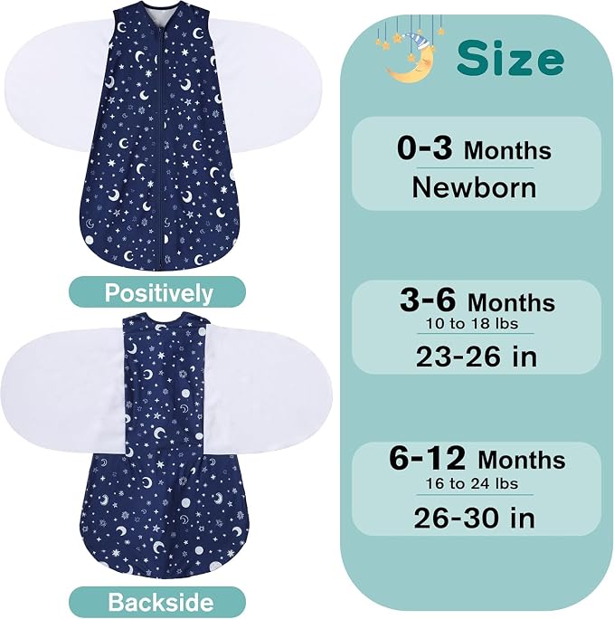 BSTOPPT Newborn Sleep Sack Baby Swaddle,3-6 Months,3-Way Adjustable Wearable Blanket,100% Rayon Cotton Swaddling sleeping bag，TOG 0.5（Clouds&Starry Sky）