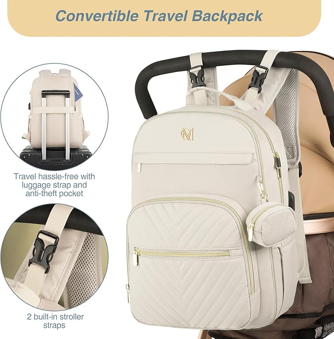 MOMUVO Diaper Bag Backpack, Quilted Baby Bag with Changing Pad and Stroller Straps and Pacifier Case, Multifunction Waterproof Travel Diaper Bags, Unisex, Beige