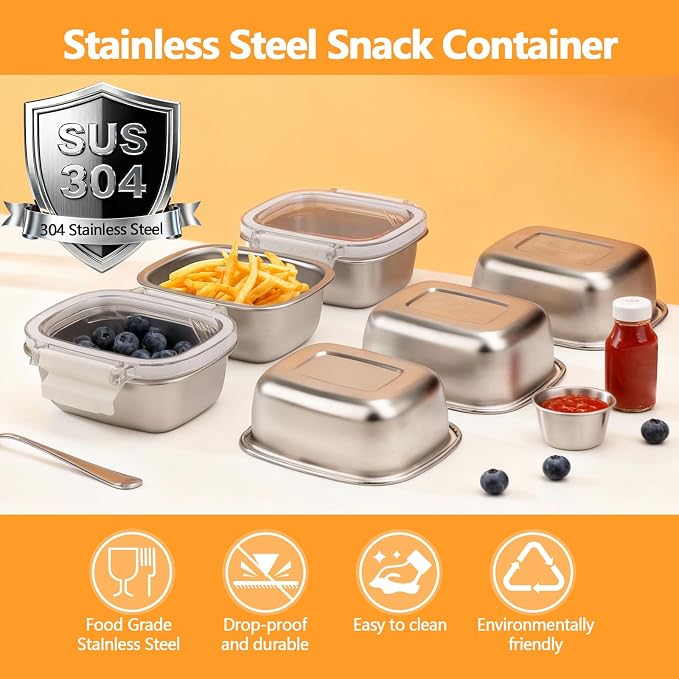 5 Pack Food-Grade 304 Stainless Steel Reusable Snack Containers with Lids - 8.45 oz Small Metal Meal Prep Boxes, Shatterproof Leakproof Freezer Safe for Portioning Snacks & Dips